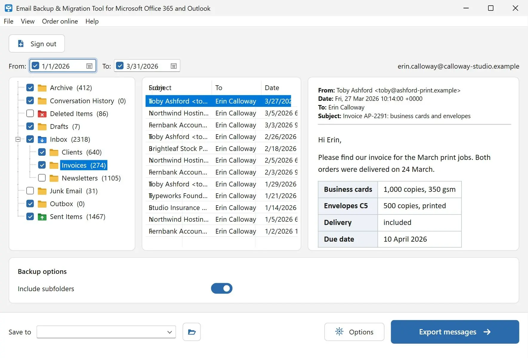 Mailbox folder tree with ticked folders, message list and date filter..