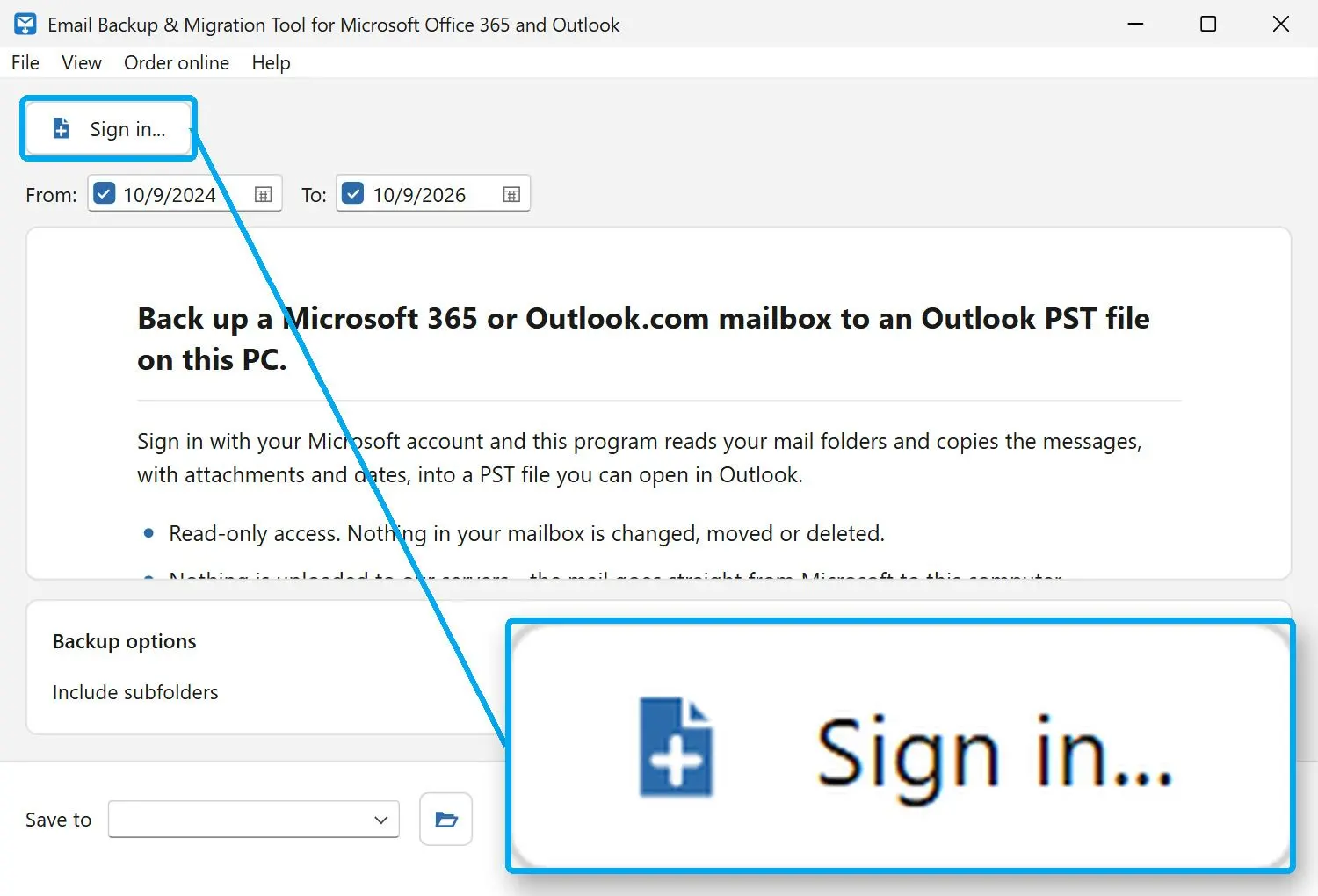  Backup tool start screen with the Sign in... button that opens the Microsoft login..