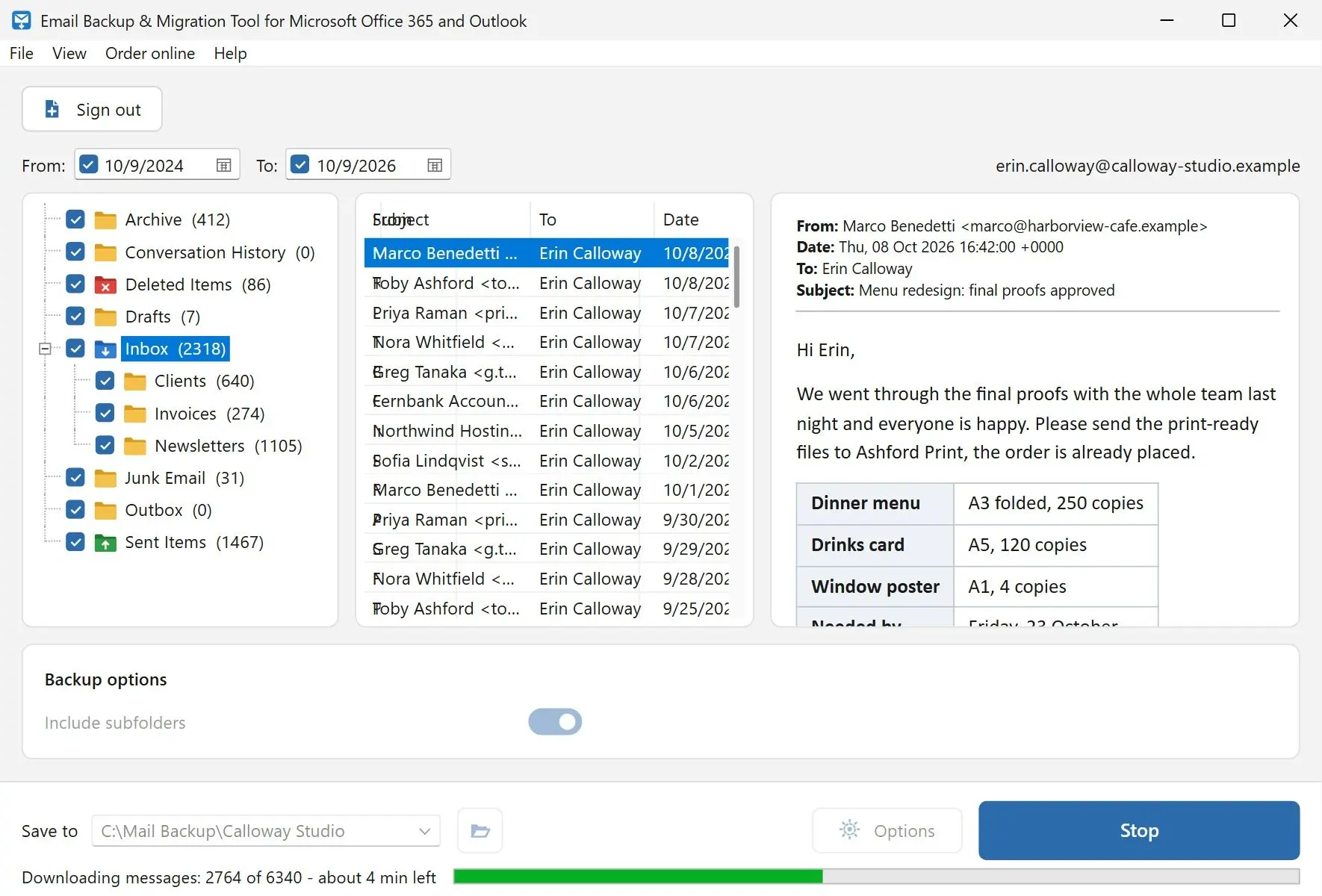  Backup in progress with the total count of downloaded messages and a Stop button..