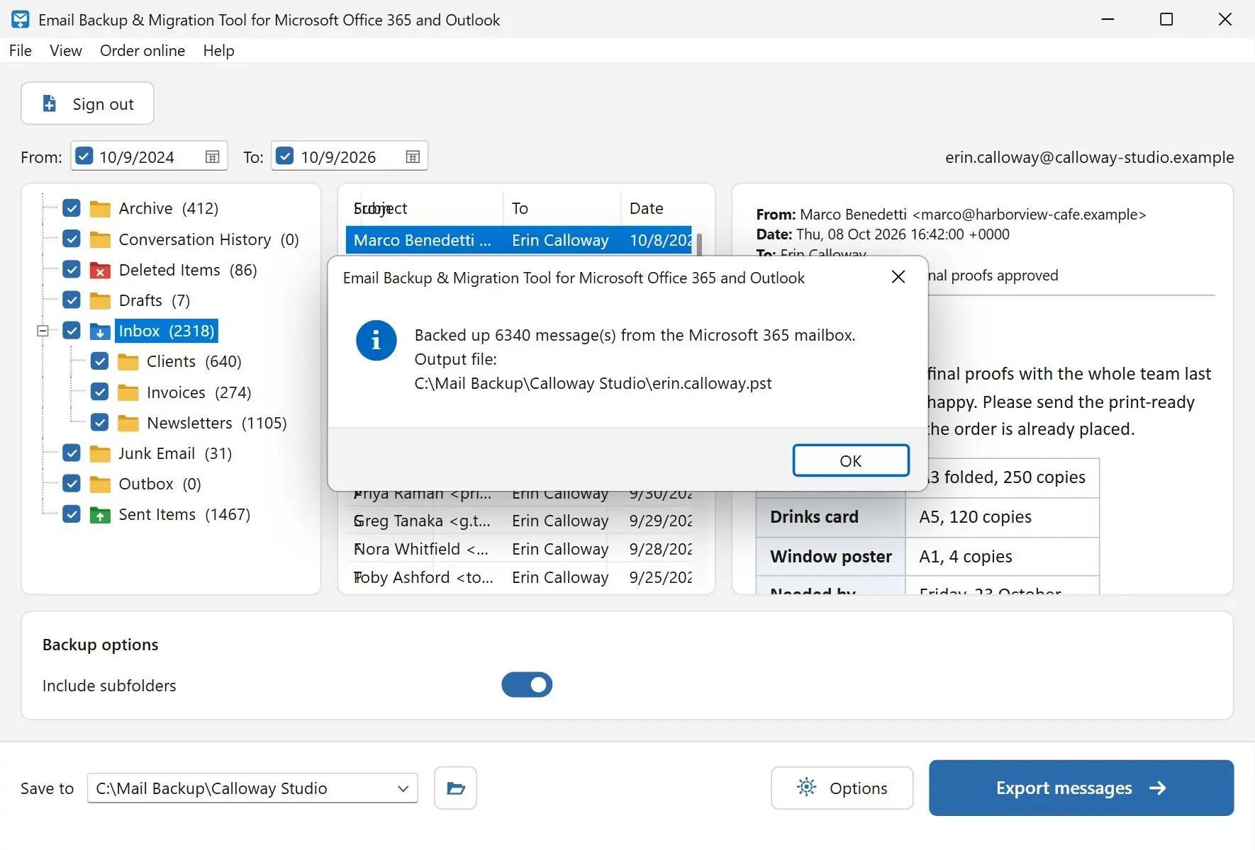  Backup tool window with an Outlook.com folder tree, message list and the finished backup message..