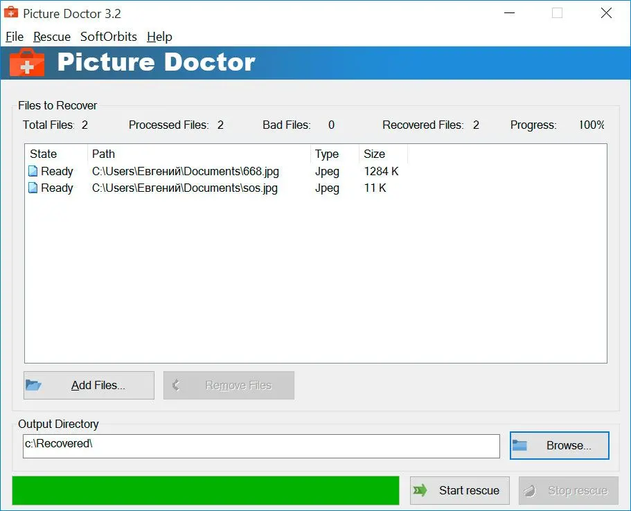 Picture Doctor repairing a corrupted JPEG on Windows..