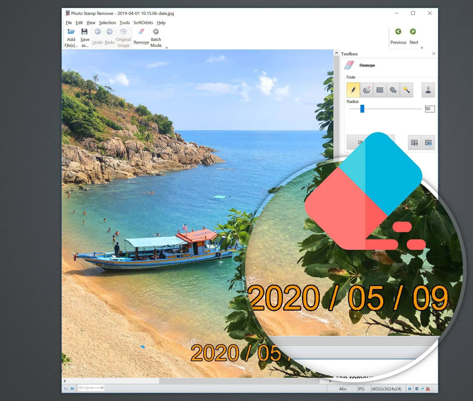 SoftOrbits Watermark Remover auto-detecting a stamp on a photo..