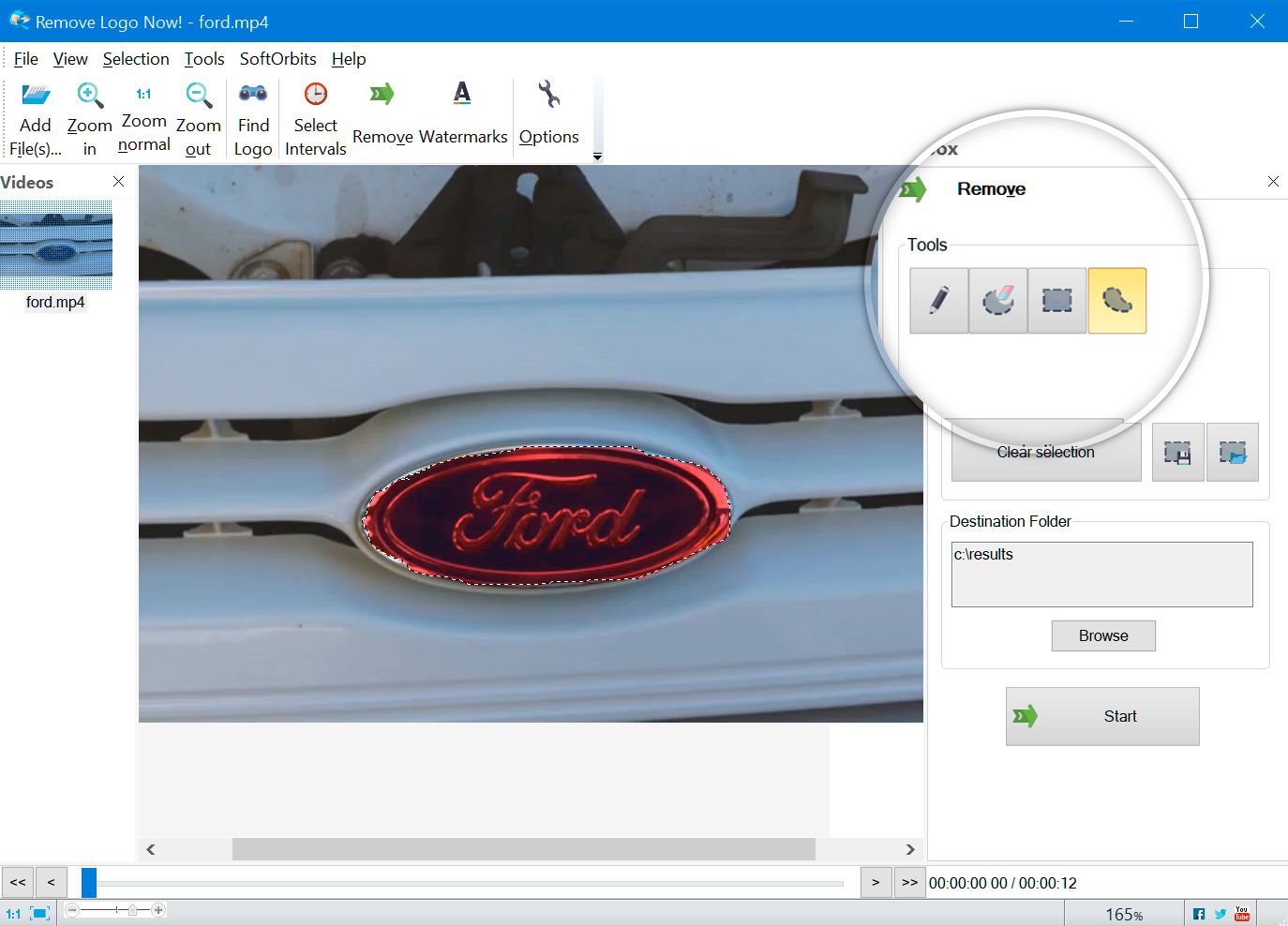 Selection tools to select part of video..