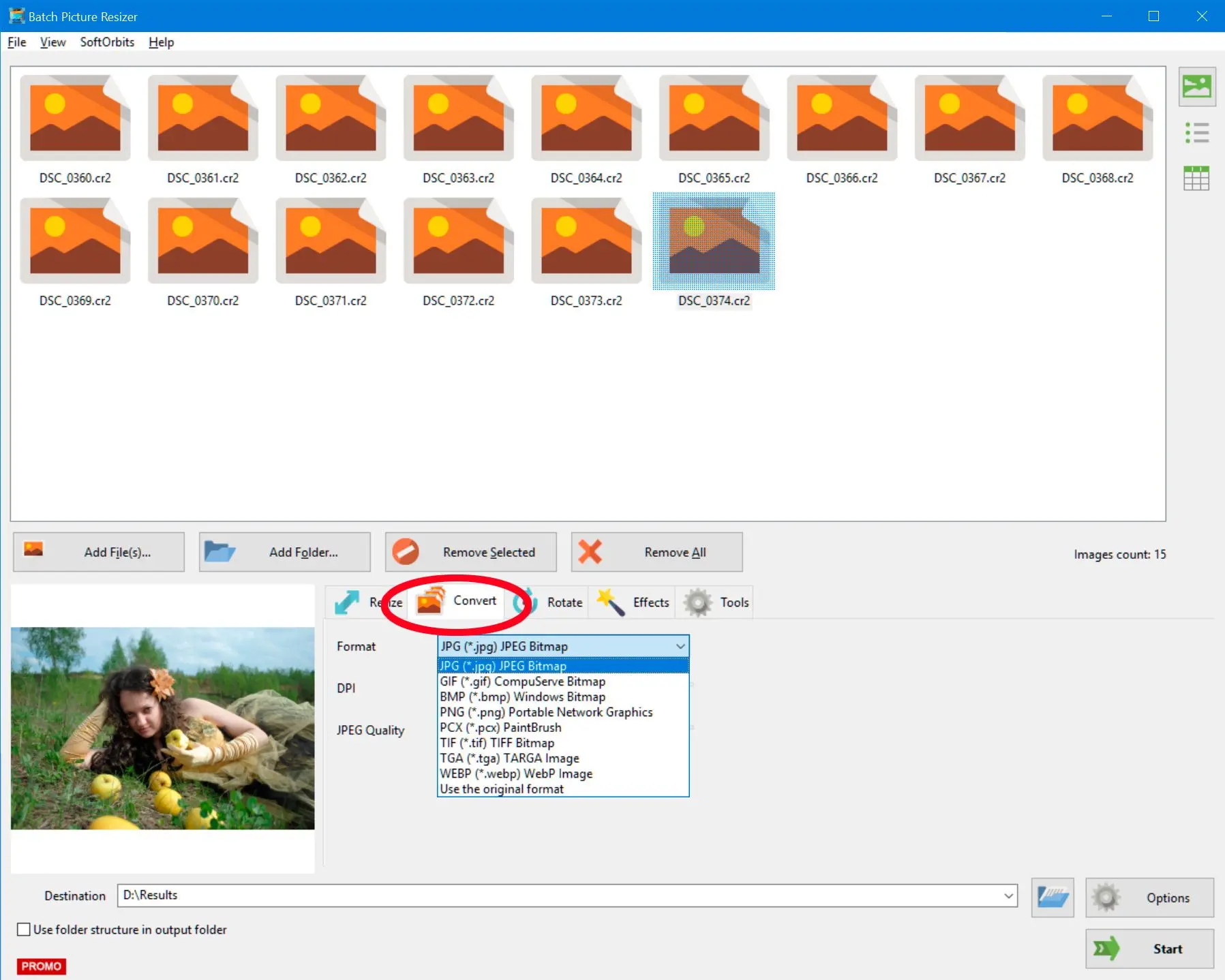  Choose JPG output format and quality..
