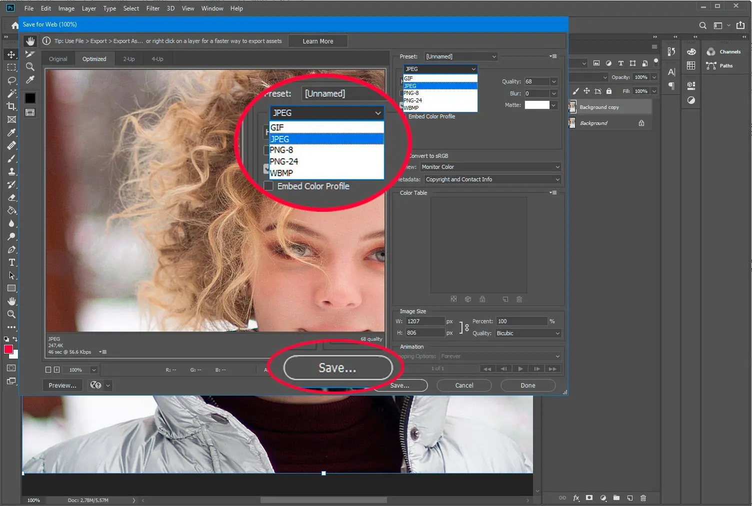 Adobe Photoshop. save PSD for web in jpg..
