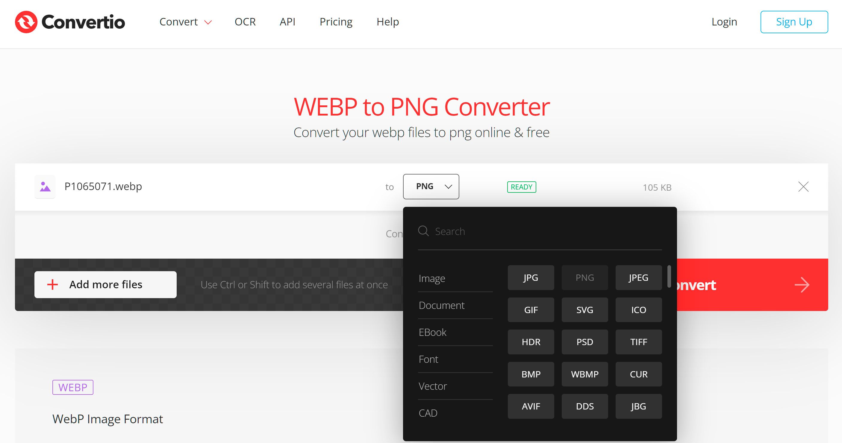 Select the PNG format to convert from WebP Online..