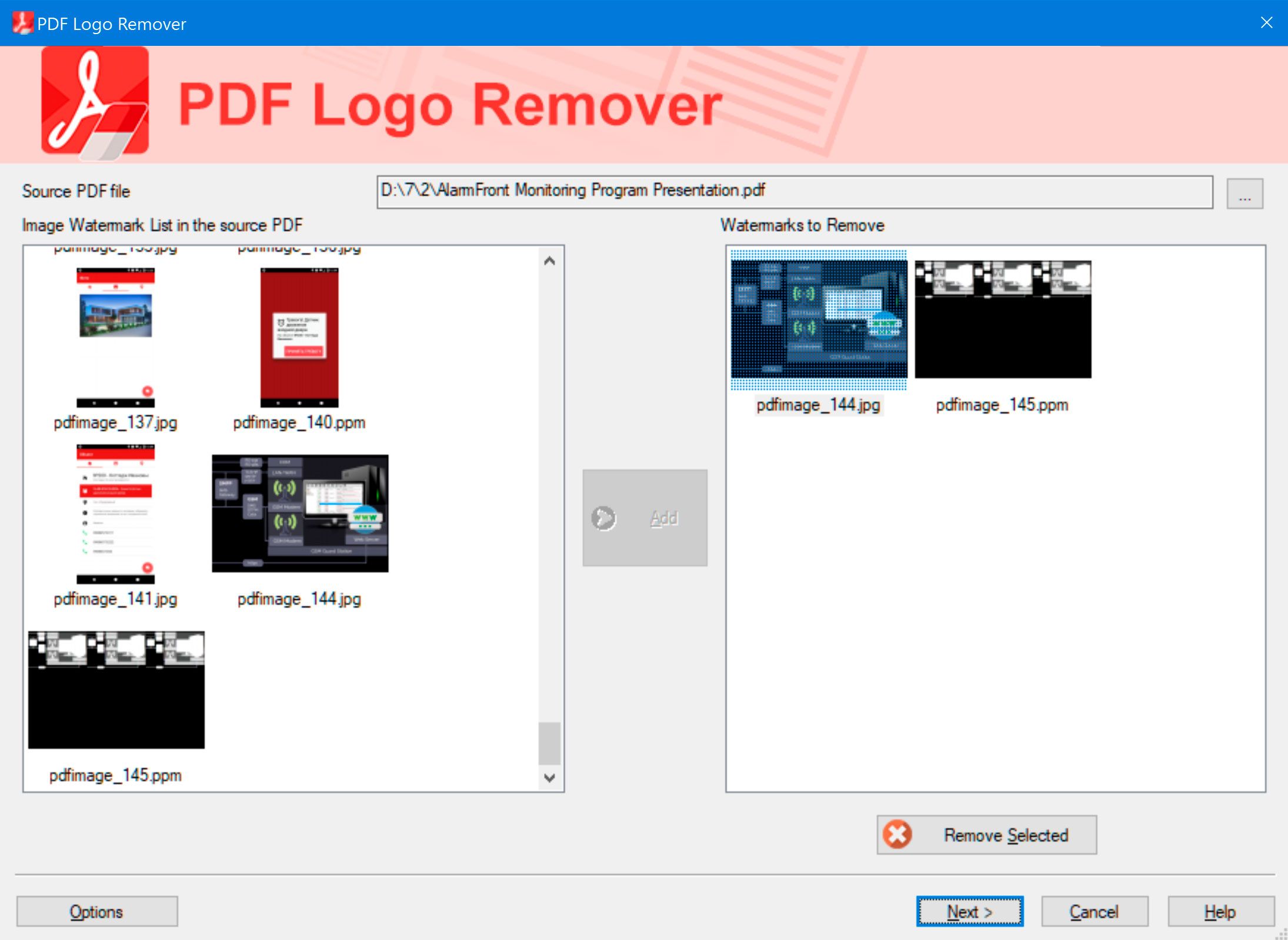 Select pages to remove from PDF..