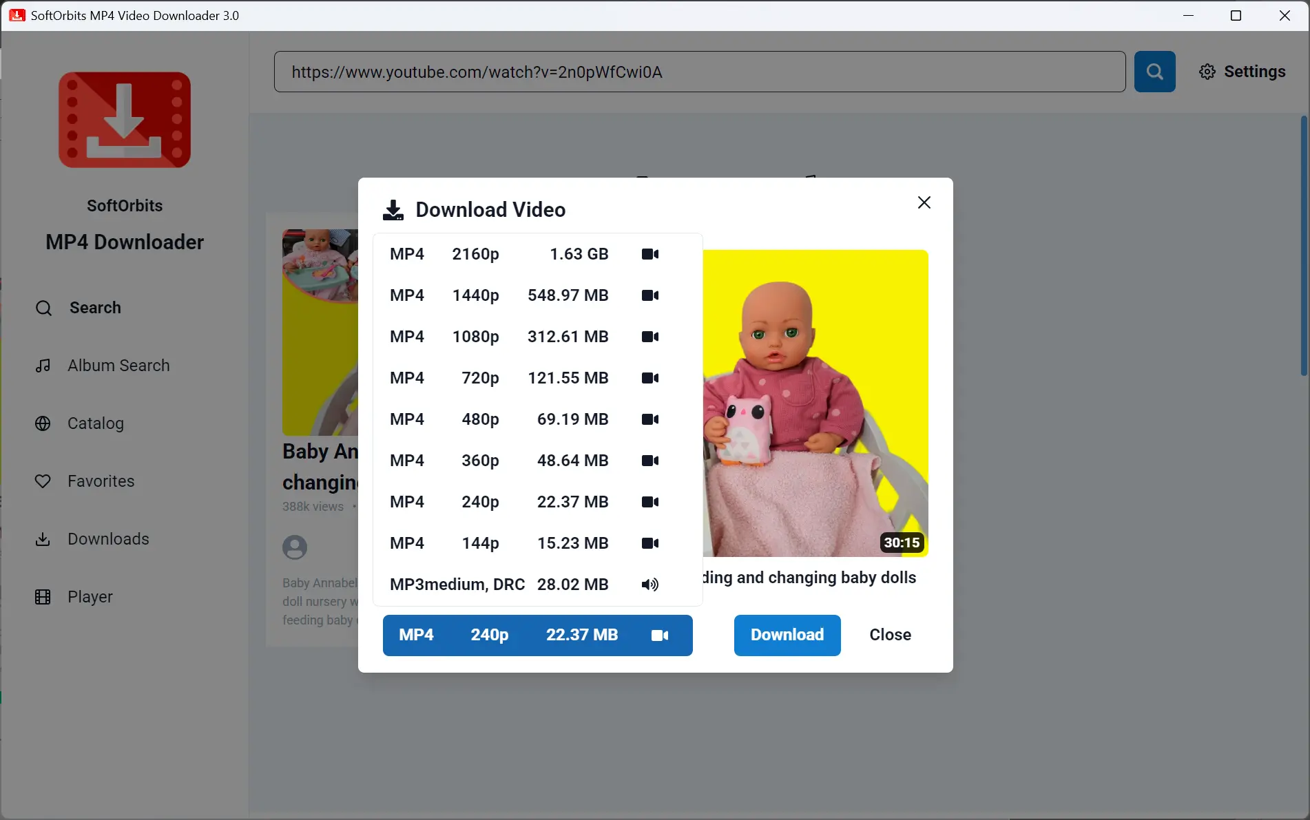 Softorbits downloader screnshot: chose video quality...