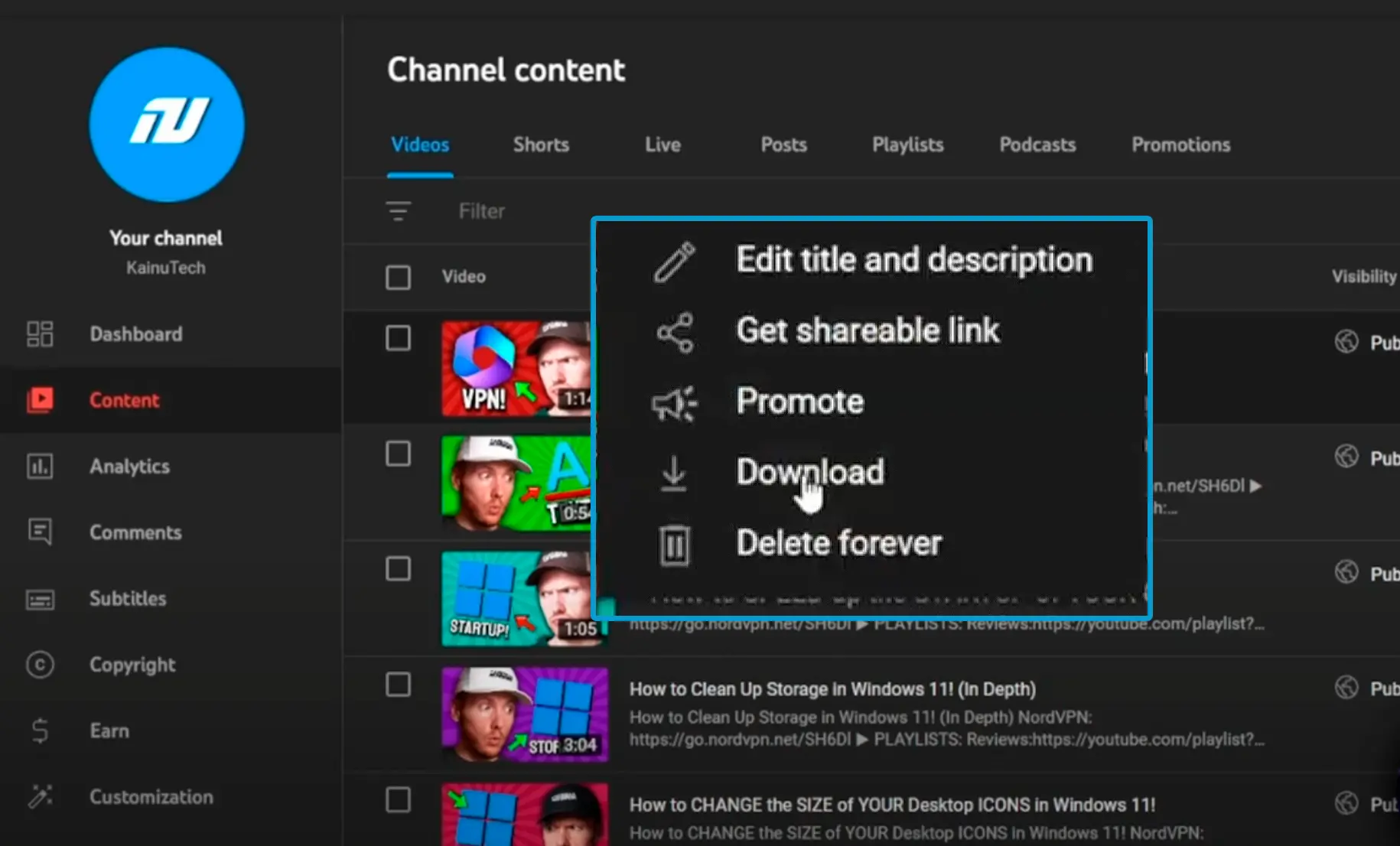 How to use download videos from Youtube studio..