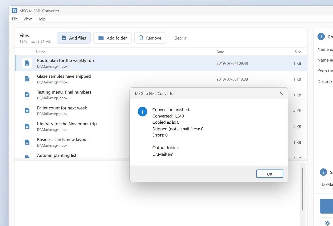 MSG to EML Converter Software after converting a folder of MSG files, with the result summary on screen..