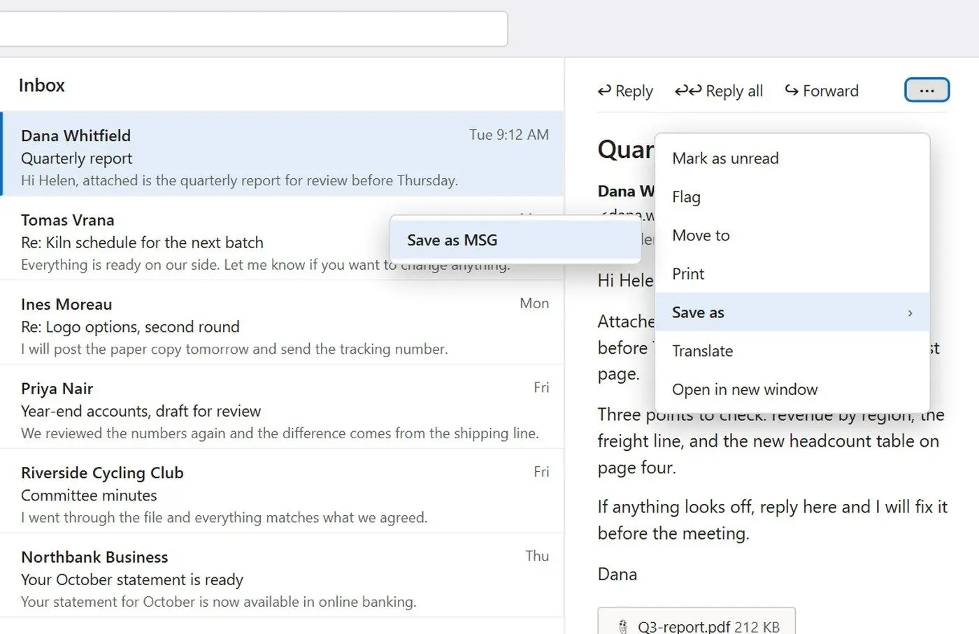 Message menu in new Outlook for Windows, showing where the MSG save option sits..