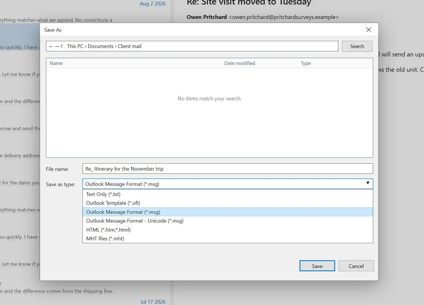 Classic Outlook Save As dialog with Outlook Message Format selected in the Save as type list..