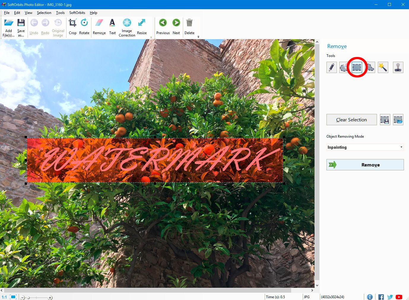 Use rectangular marker to remove watermark from a photo..