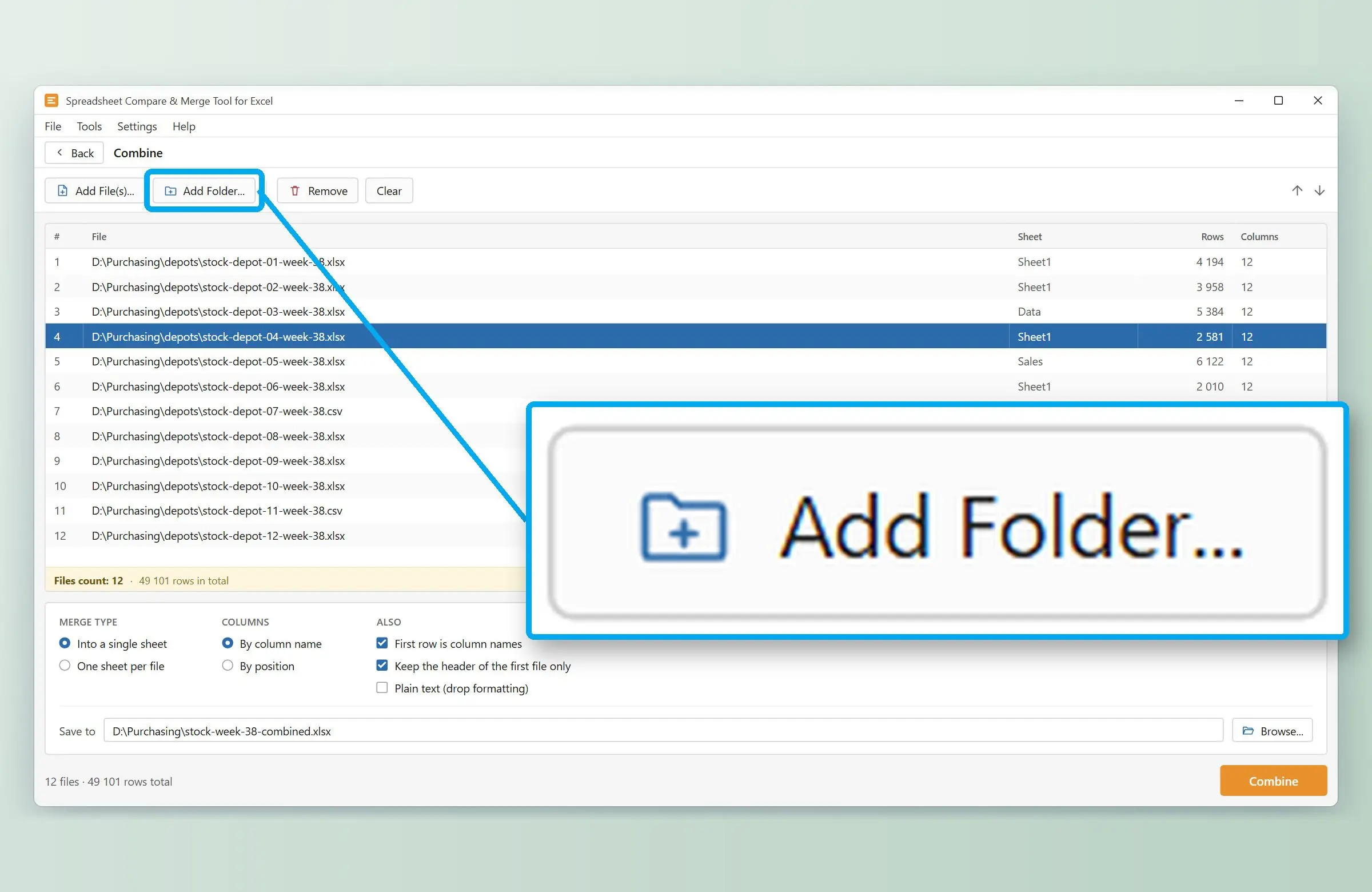  A folder of XLSX and CSV reports added to the file list..
