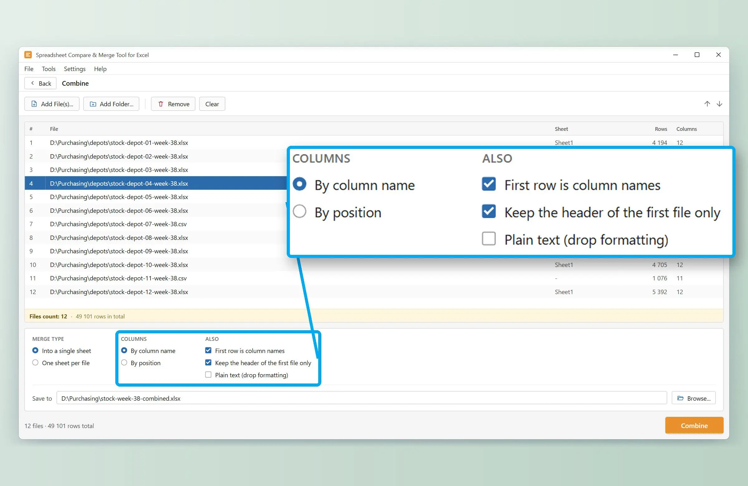  Columns set to By column name with the header options ticked..