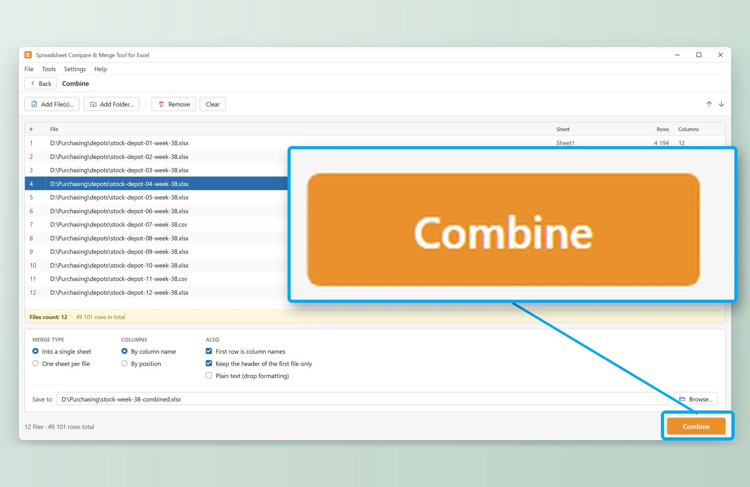  Save to field with an XLSX file name and the Combine button..