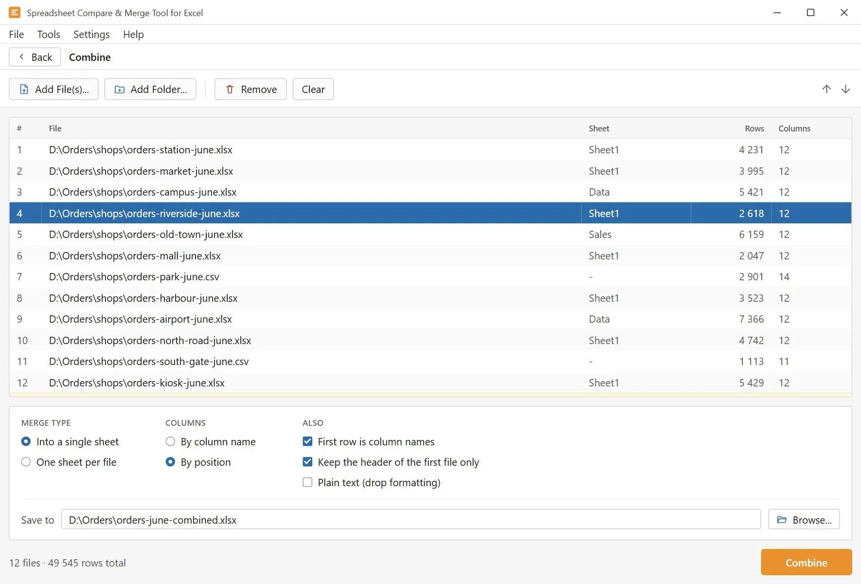 Spreadsheet Compare & Merge Tool after combining a folder of CSV and XLSX reports into one sheet..
