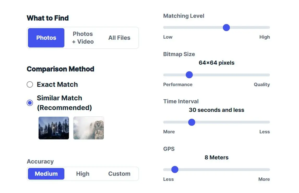  Comparison Method panel with Exact Match and Similar Match options and the Matching Level slider..
