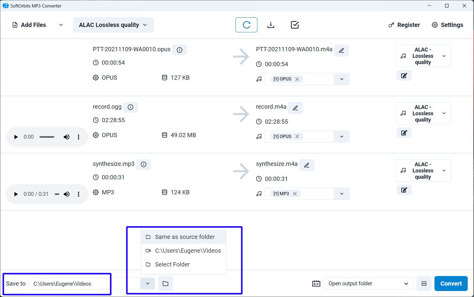 SoftOrbits FLAC to ALAC Converter output folder..
