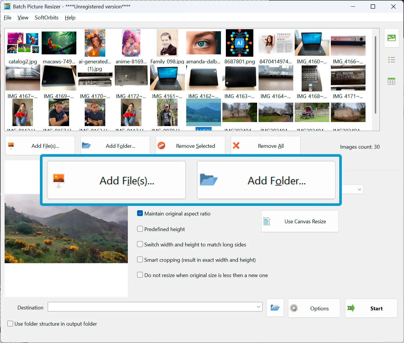 Softorbits bulk heic converter screenshot: add files..
