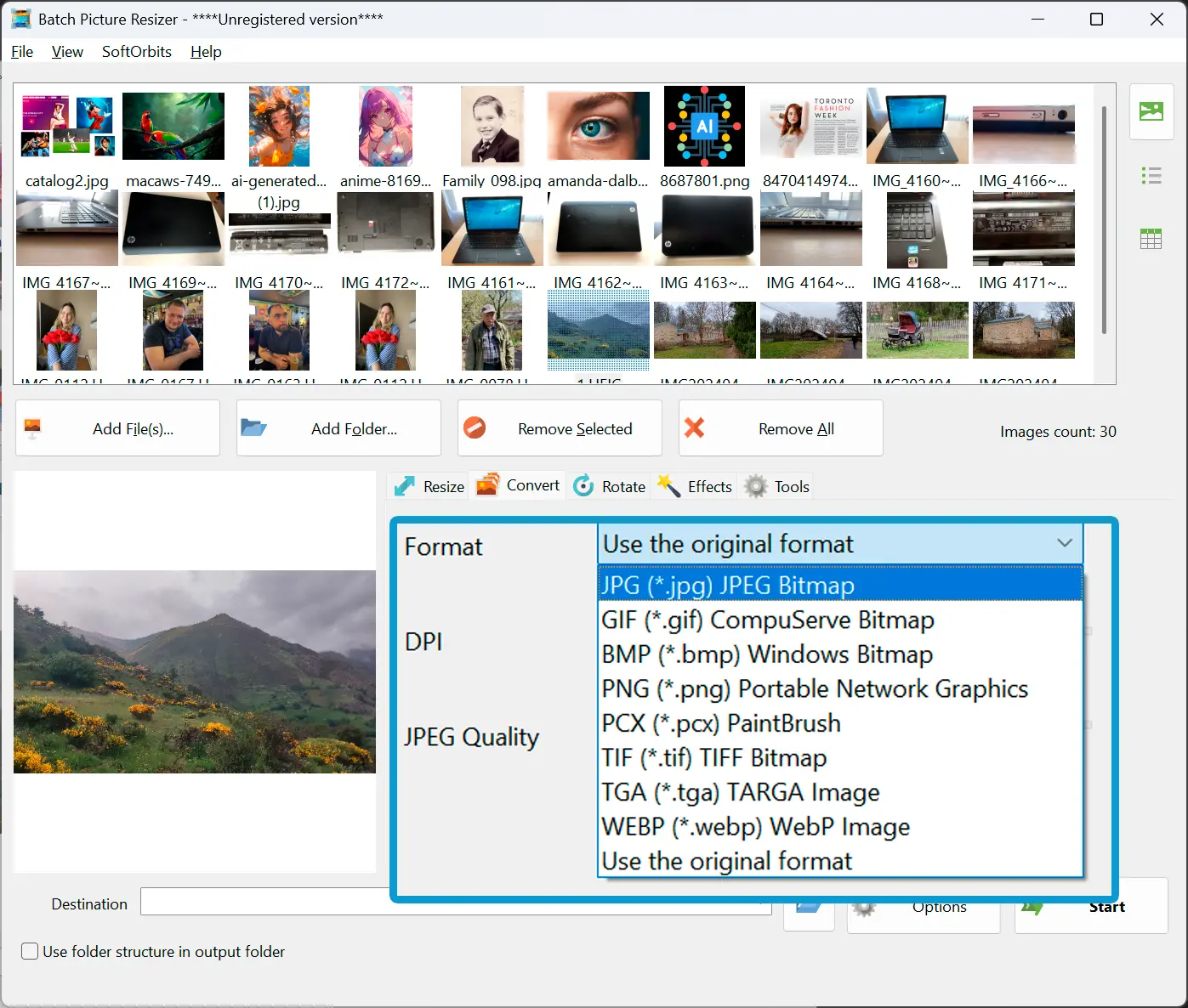 Softorbits bulk heic converter JPEG output format on Convert tab..