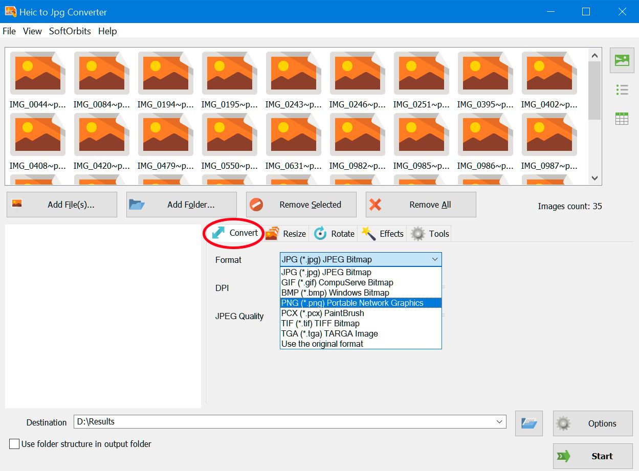 Select png to convert from heic..