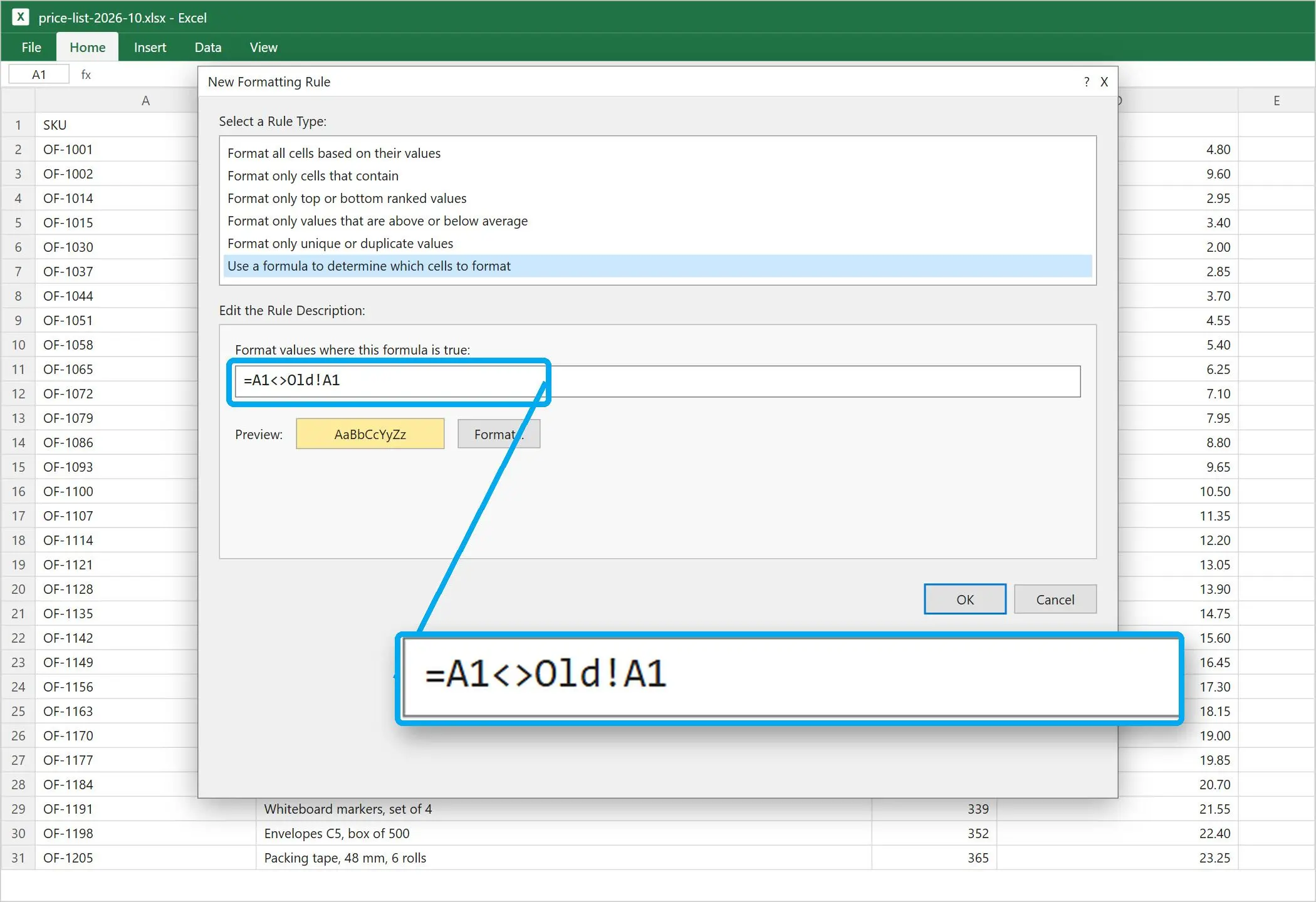  New Formatting Rule dialog with a formula comparing cell A1 to the Old sheet..