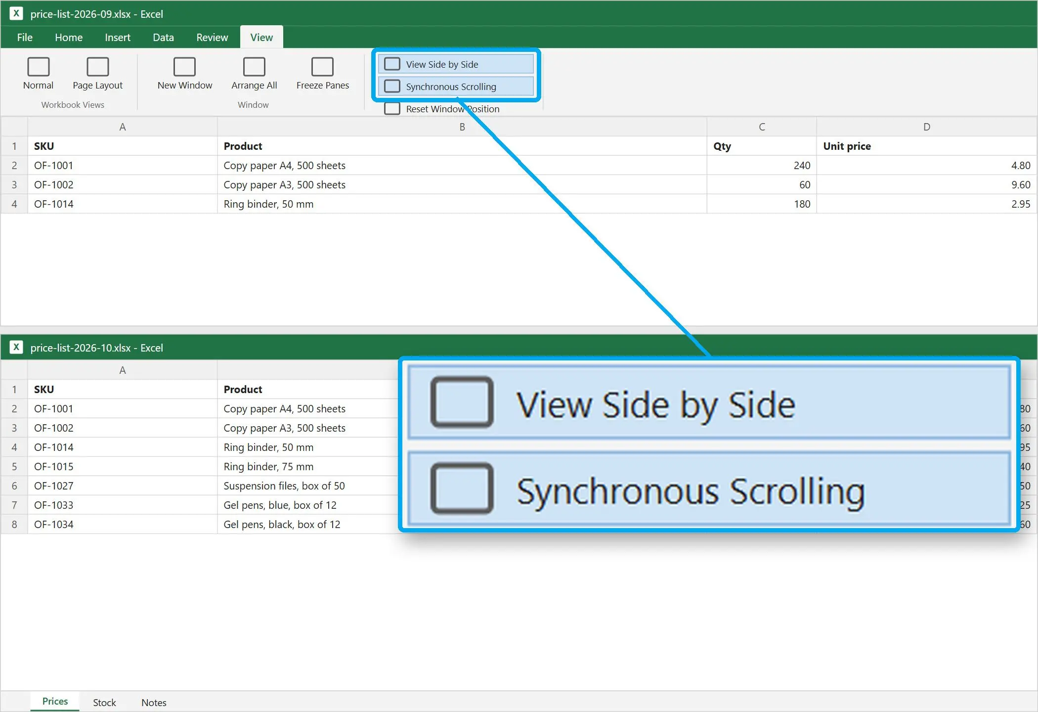  Two Excel windows arranged side by side with Synchronous Scrolling turned on..