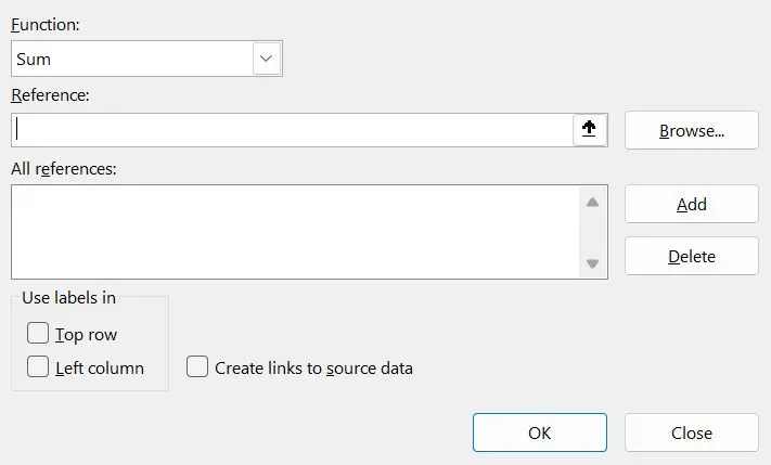 The Consolidate dialog in Excel with SUM selected and two source ranges added..