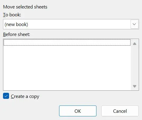  The Move or Copy dialog in Excel with Create a copy ticked and the destination workbook selected..