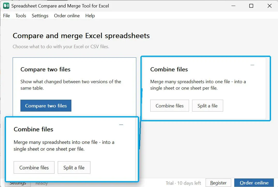  Start screen of Spreadsheet Compare & Merge Tool with the Combine files card..