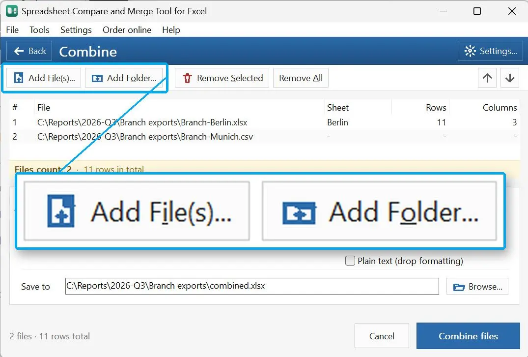  An Excel workbook and a CSV file added to the file list..