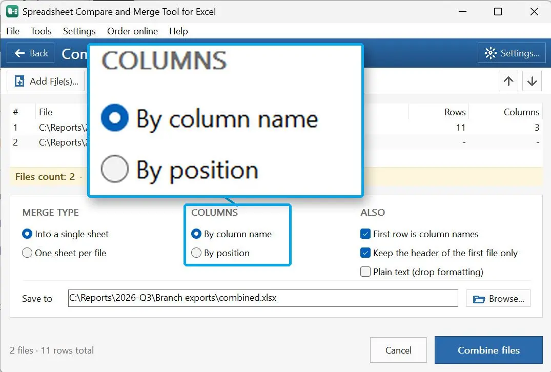  Columns setting with By column name selected and the header options ticked..