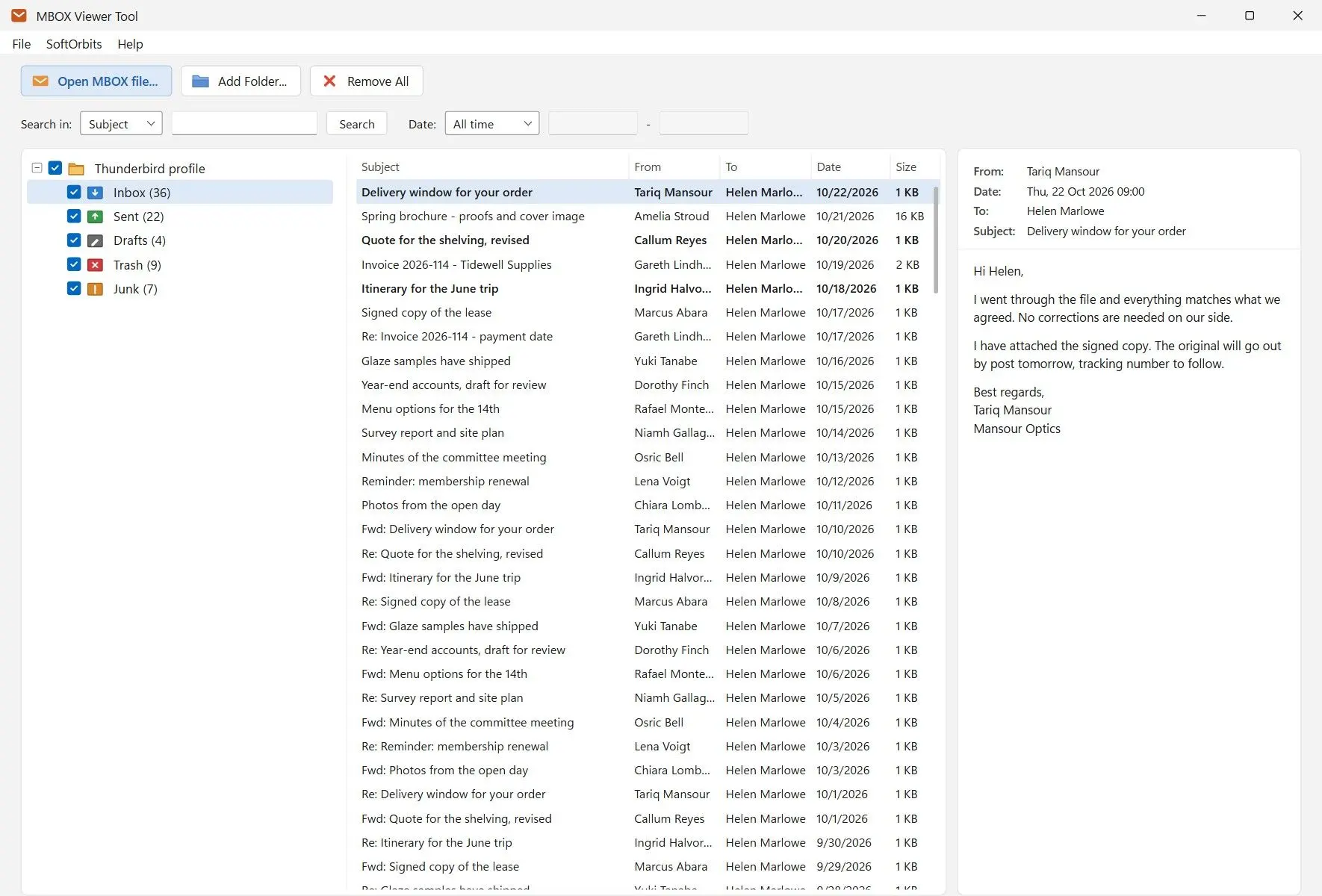  Folder tree after adding a Thunderbird profile, with its mail folders listed flat under the profile, Inbox first..