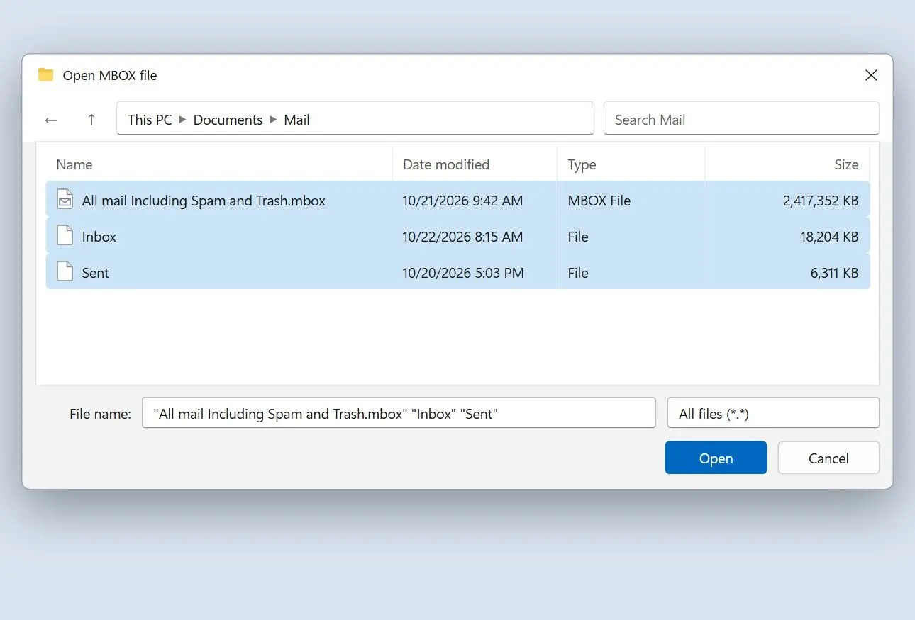  The Open MBOX file dialog with a Takeout .mbox file and two extensionless Thunderbird mailboxes selected..