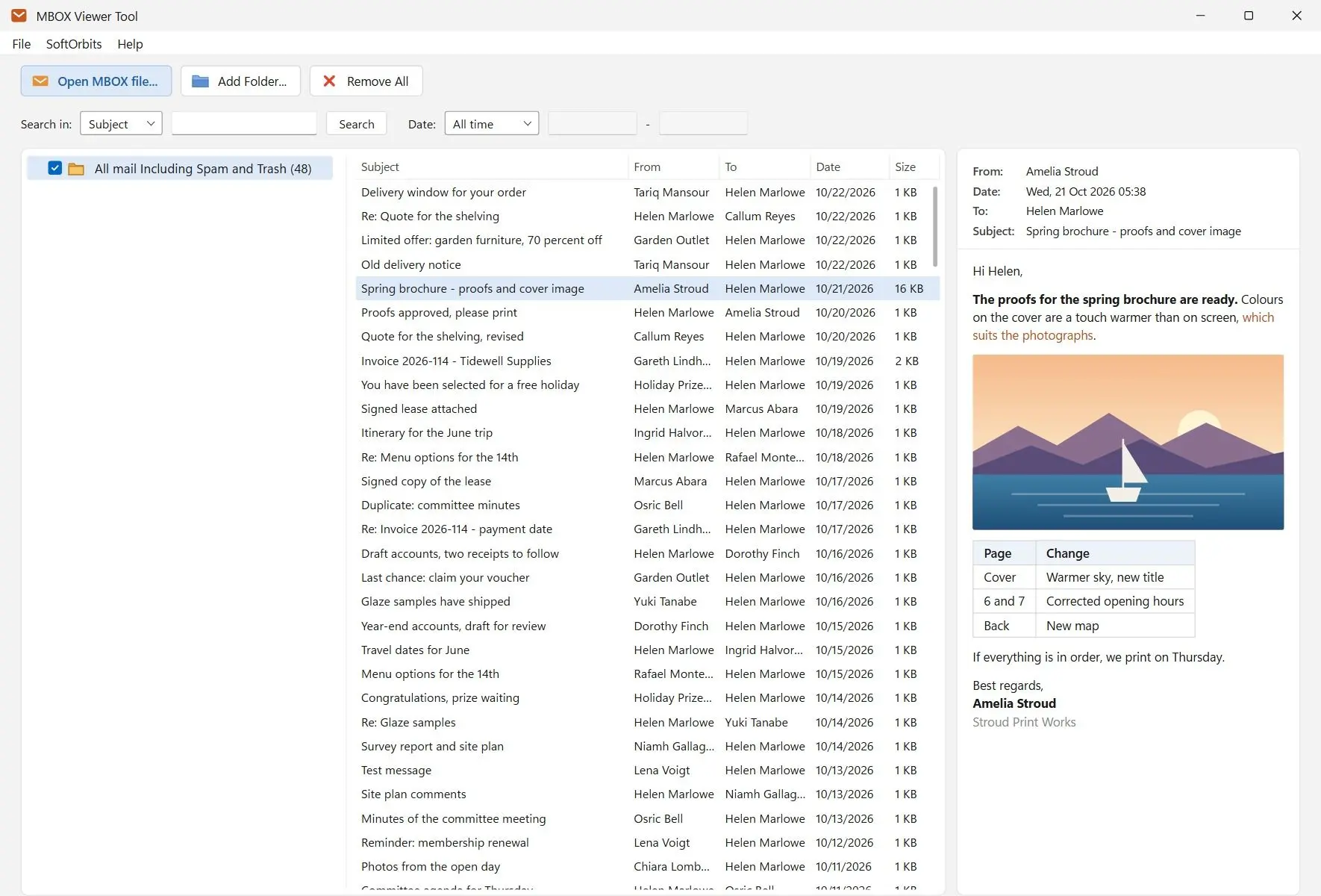  A Takeout mailbox open in MBOX Viewer Tool with the folder tree, message list and HTML preview..