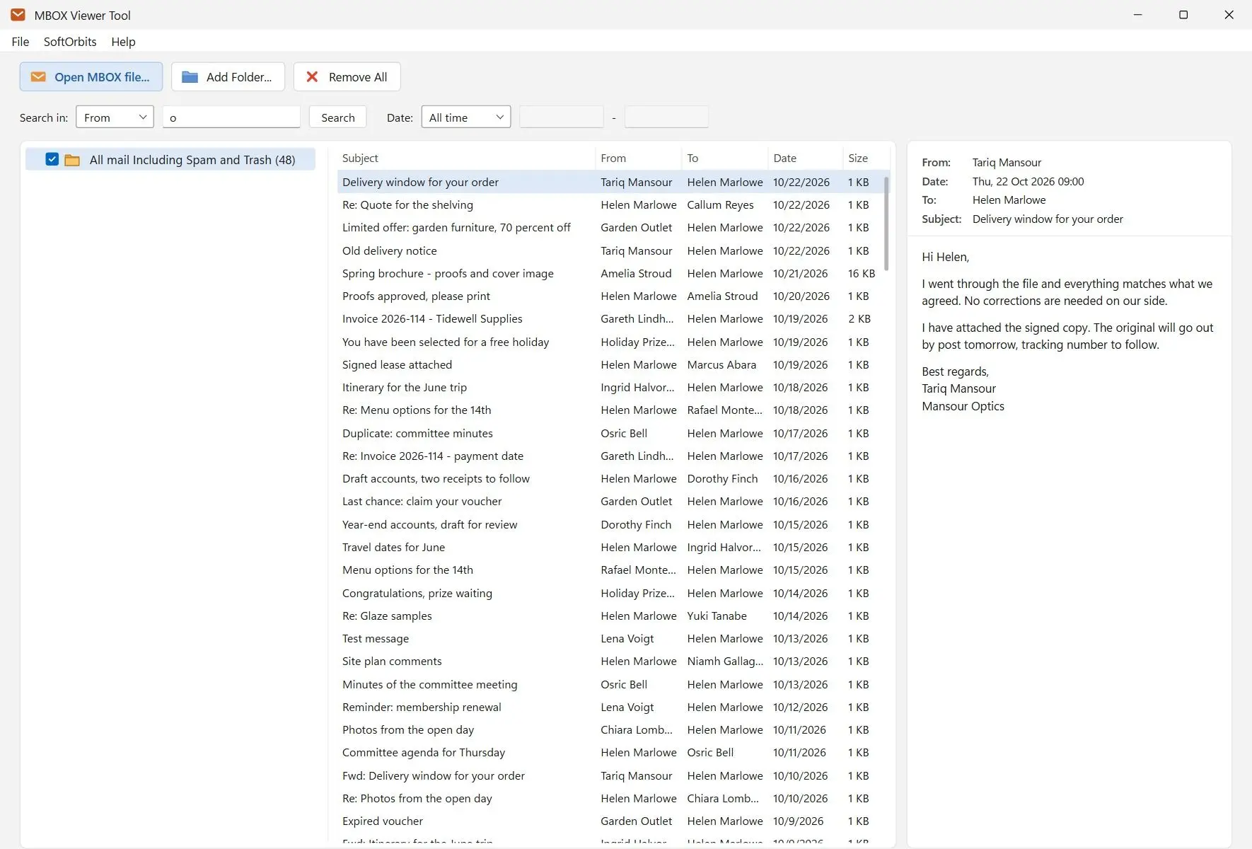  Search in set to From, with the message list narrowed by sender..