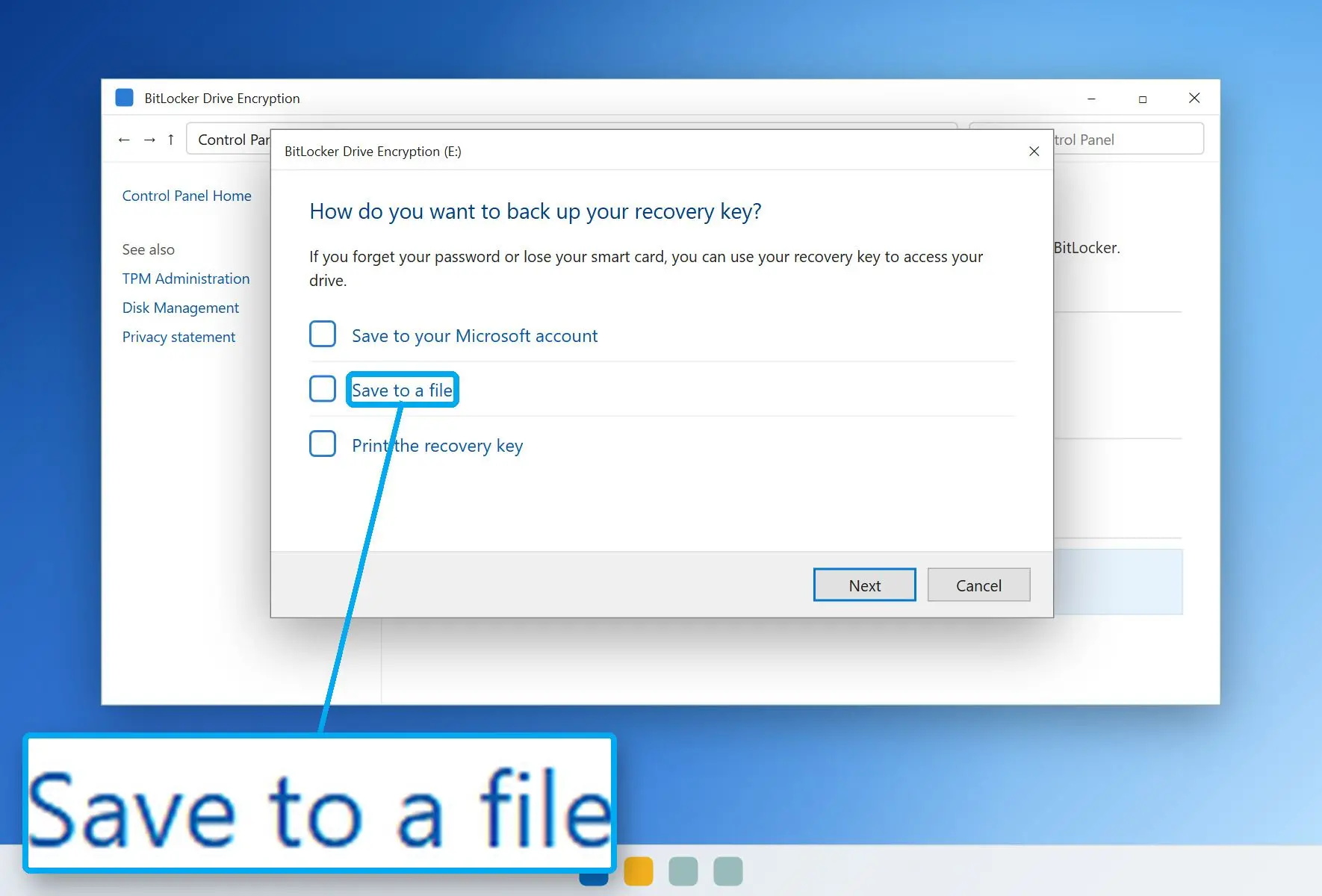  BitLocker recovery key backup options for a removable drive..