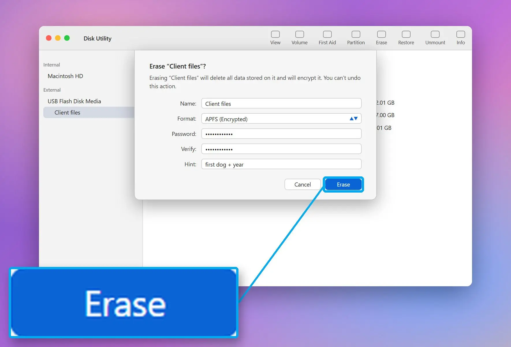  Disk Utility Erase dialog on a Mac with APFS (Encrypted) selected for a USB stick..