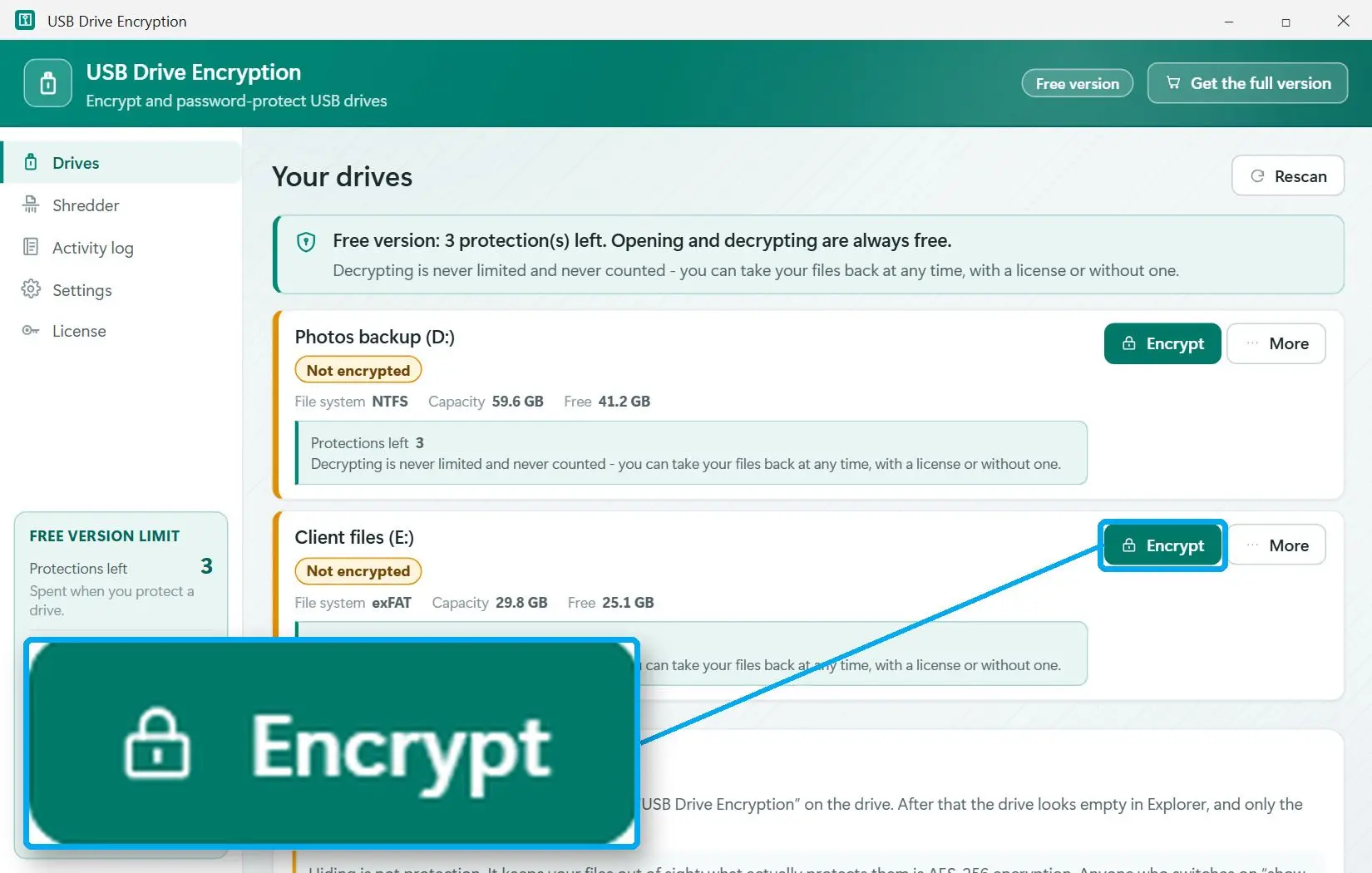  Drive list in USB Drive Encryption with a USB flash drive and the Encrypt button..