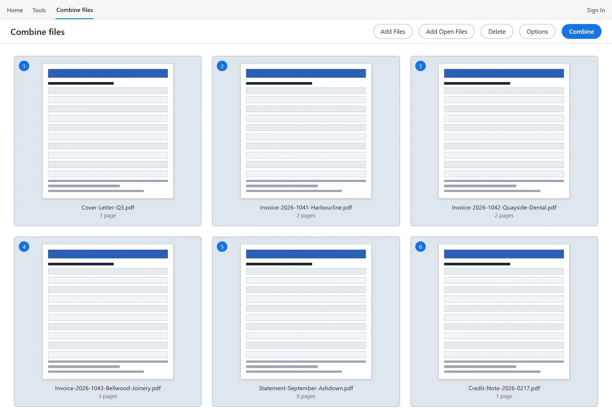 Acrobat Combine Files tool with six PDF thumbnails arranged in print order..