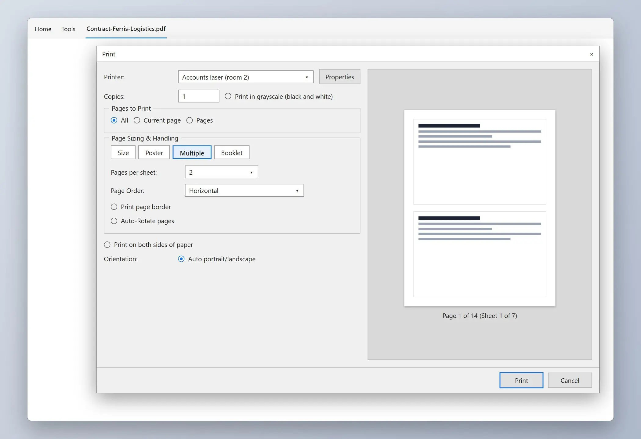 Acrobat Print dialog with Multiple selected and 2 pages per sheet..