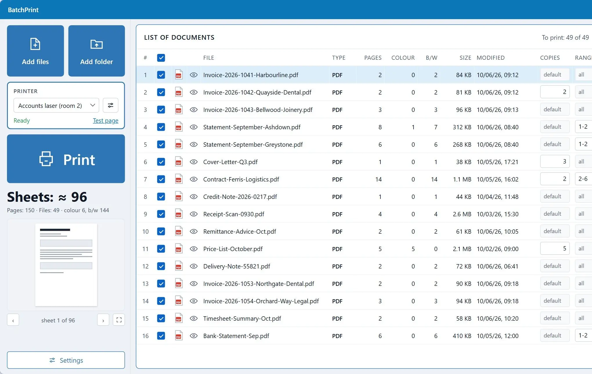  Batch Printing Software list of PDF files with copies and page range set per file..