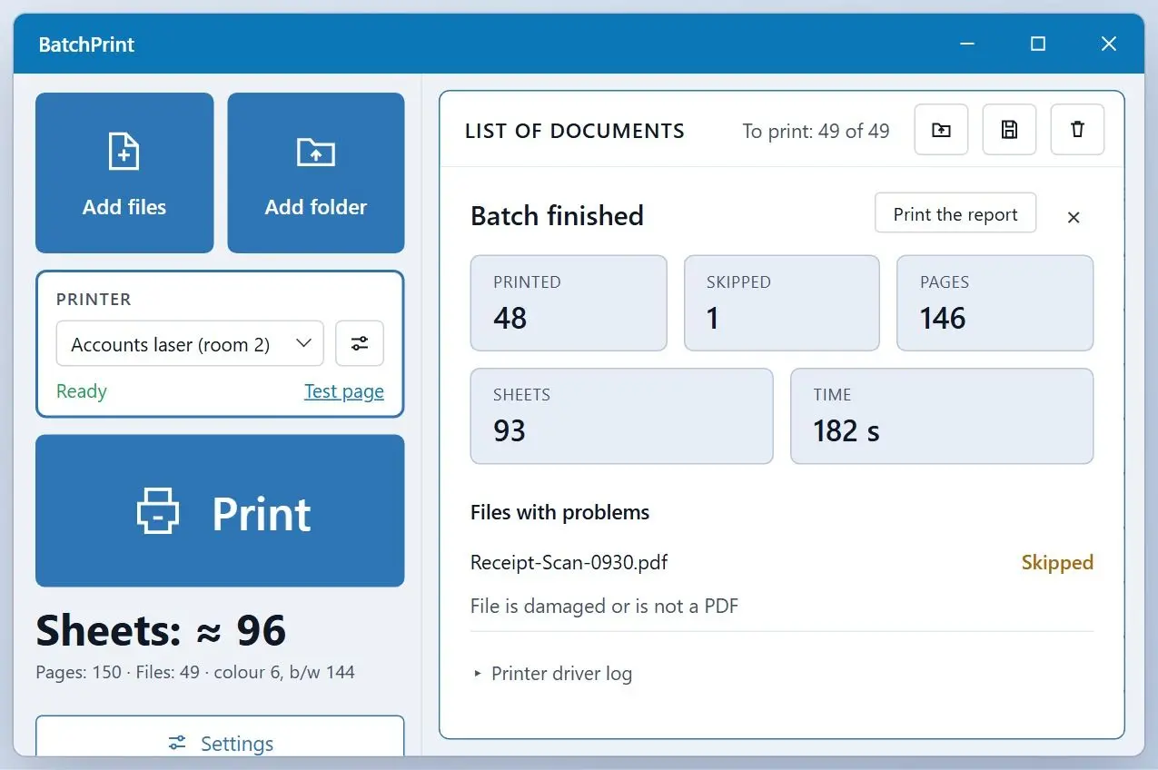  Batch Printing Software report after a run: 48 PDFs printed, 1 damaged file skipped with the reason shown..