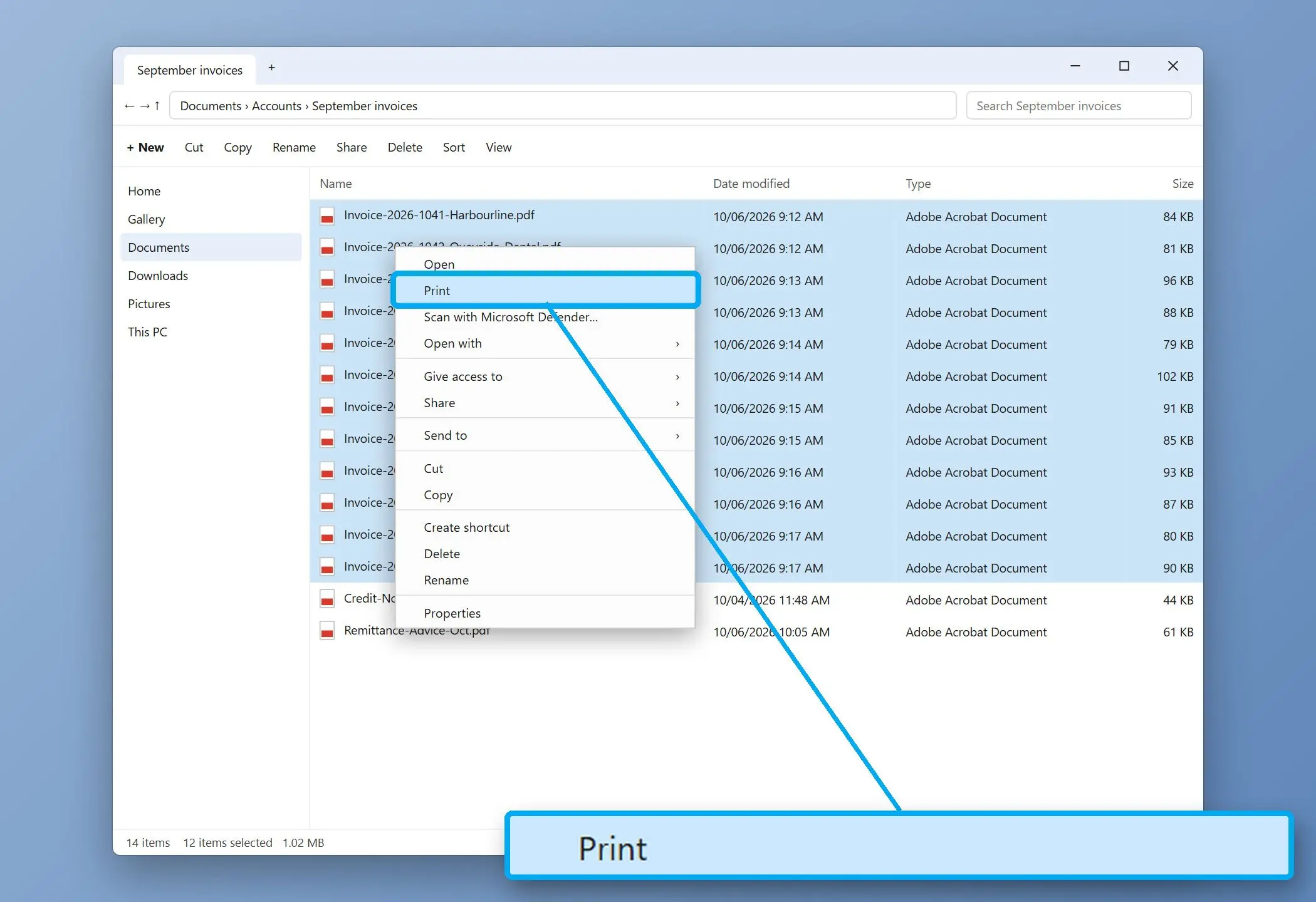  Windows 11 File Explorer classic context menu with Print highlighted for 12 selected PDF files..