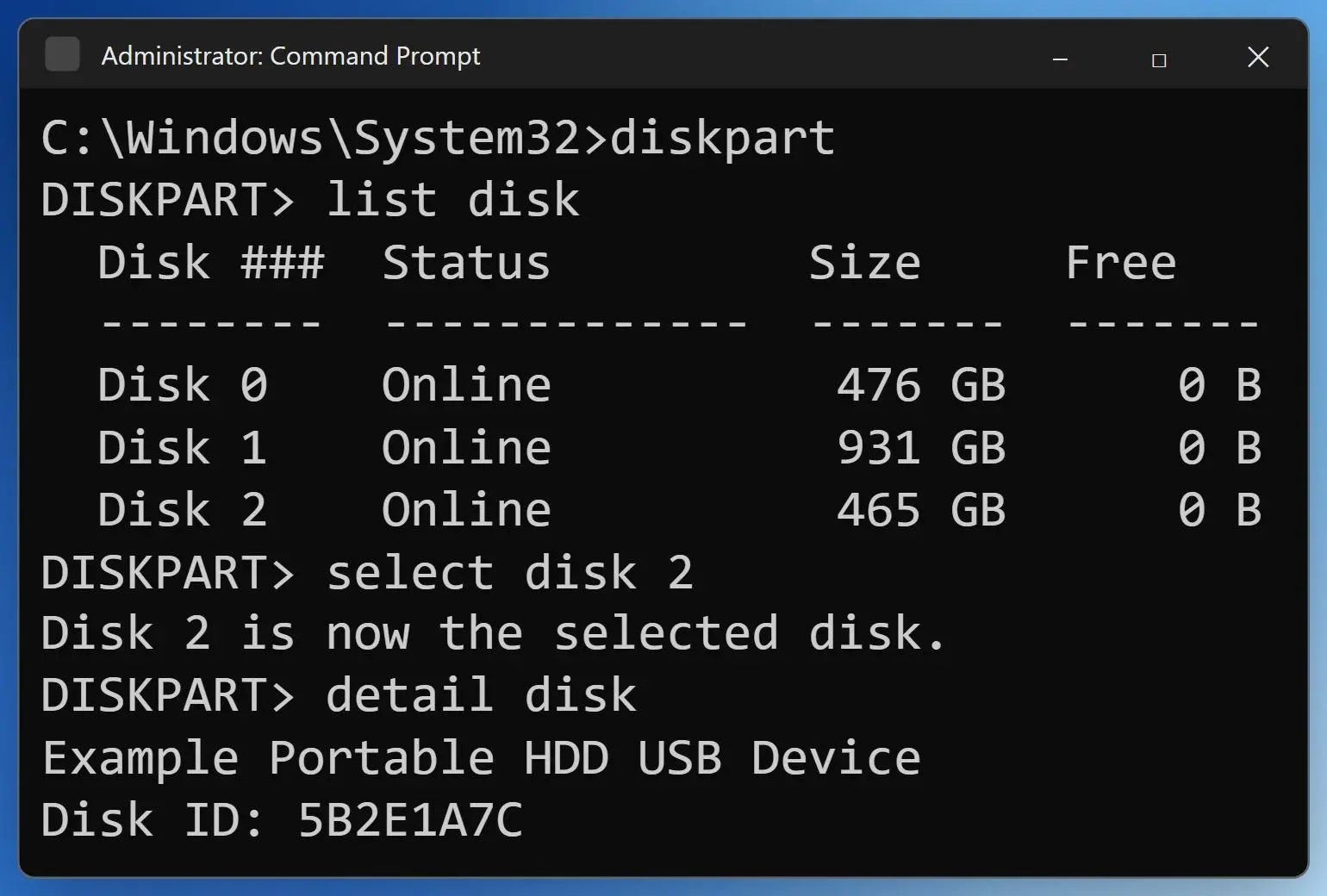  diskpart list disk output in an admin Command Prompt showing three disks with sizes..