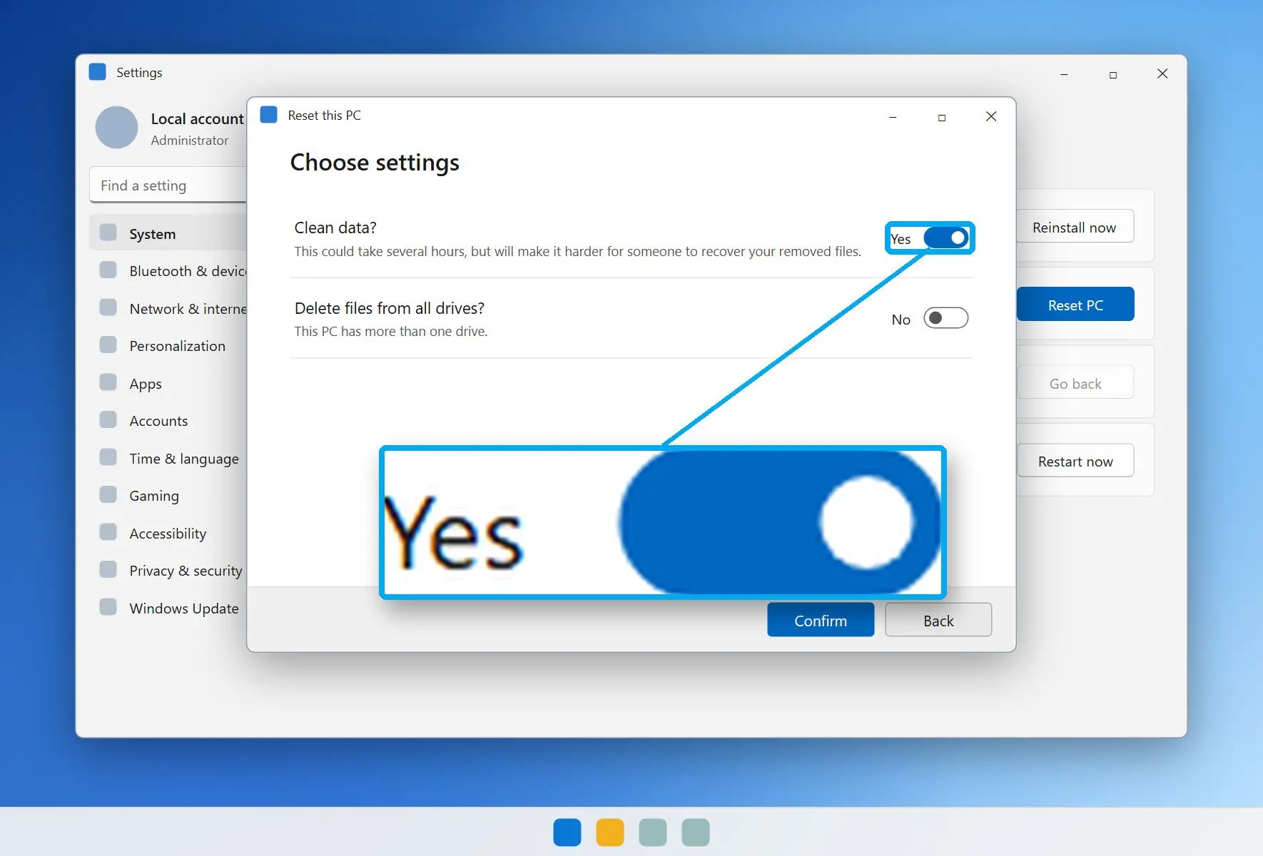  Choose settings screen in Reset this PC with the Clean data switch set to Yes..