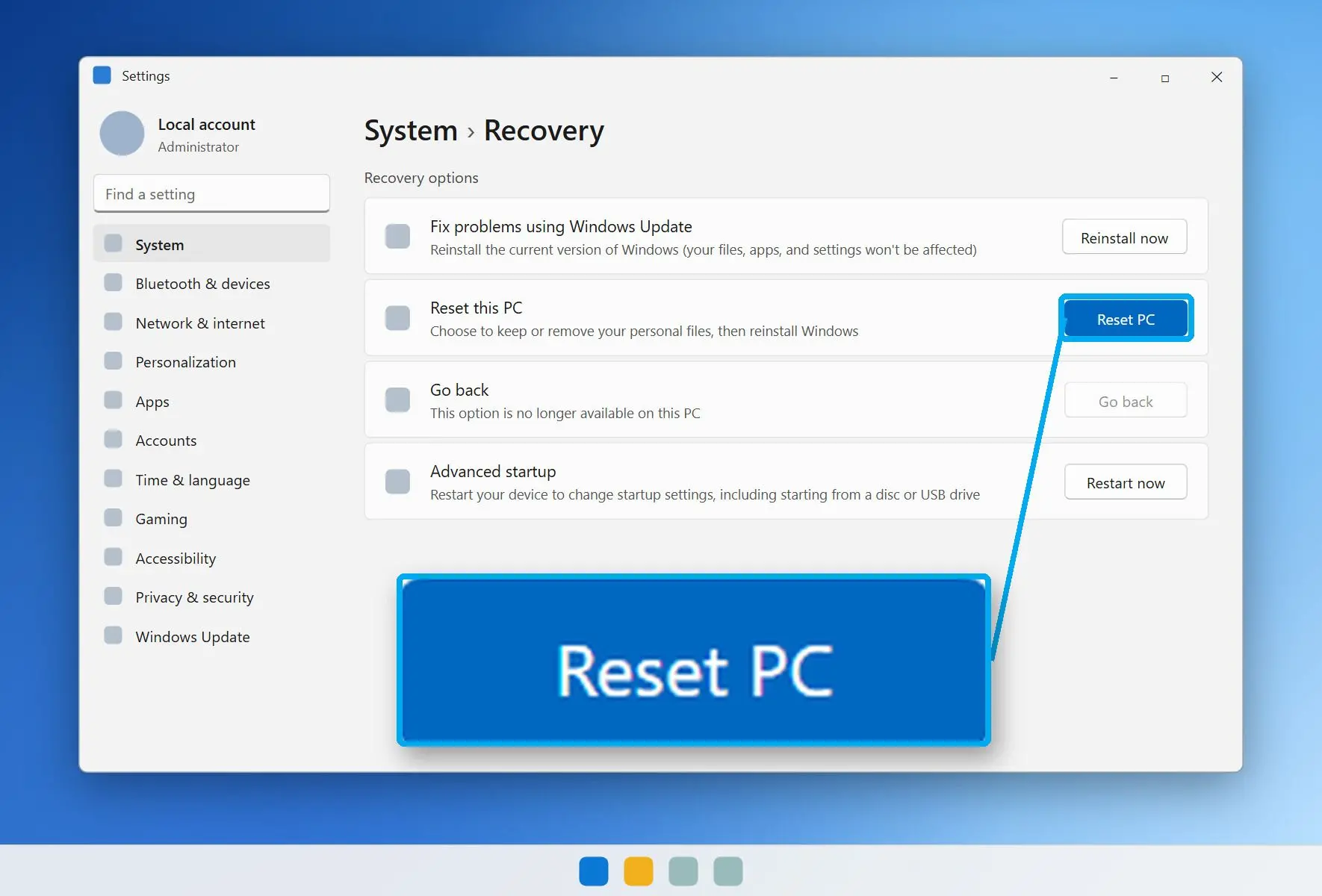  Recovery page in Windows 11 Settings with the Reset PC button..