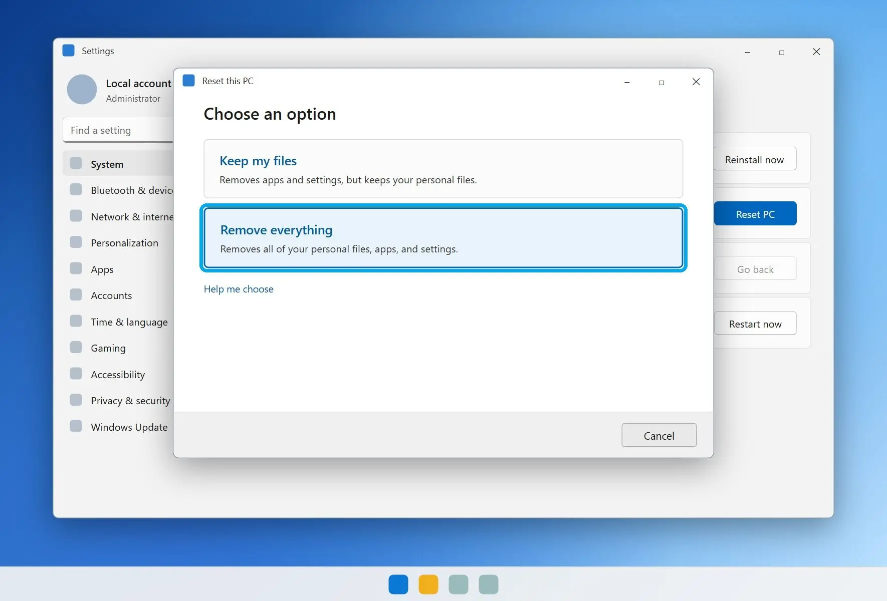  Reset this PC dialog with the Remove everything option highlighted..