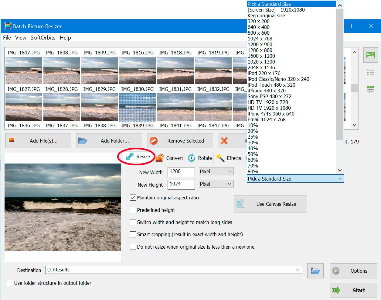 Select image size in pixels..